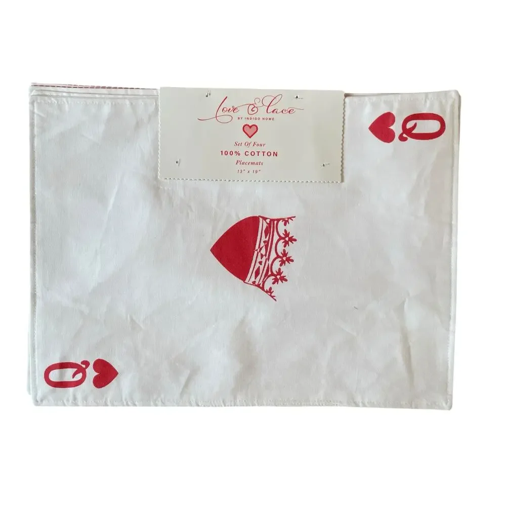 Indigo ACE OF HEARTS Valentine Placemats 19x13 Cotton Red & White Set of 4 NEW